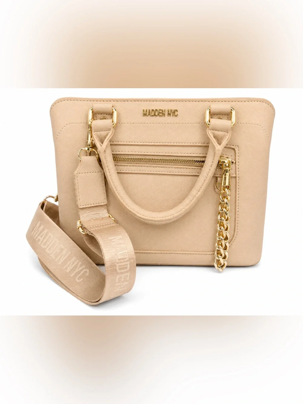 Madden NYC Beige Satchel with Gold Chain Accent